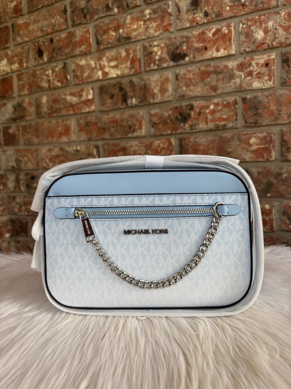 Michael Kors Light Blue and White Chain-Trim Crossbody Bag